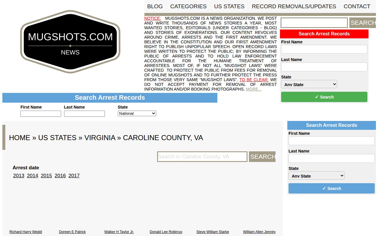 Historic Mugshots.com Caroline County mugshot publisher section