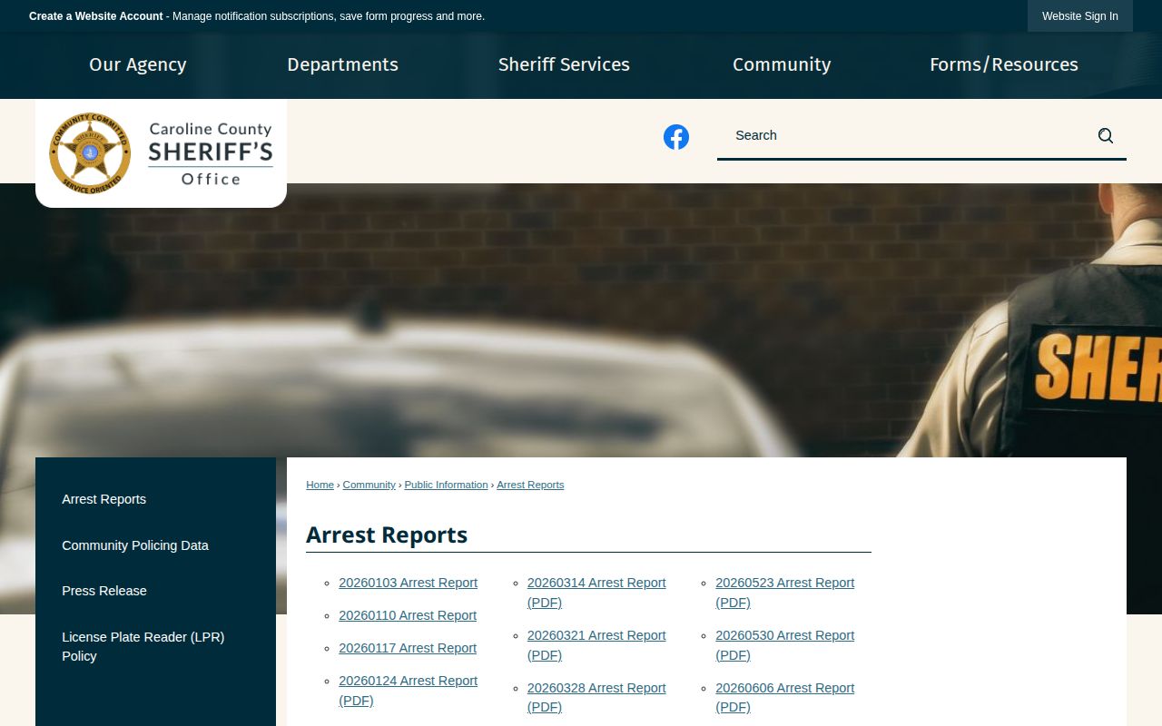 Caroline County Sheriff weekly arrest report index for booking record research