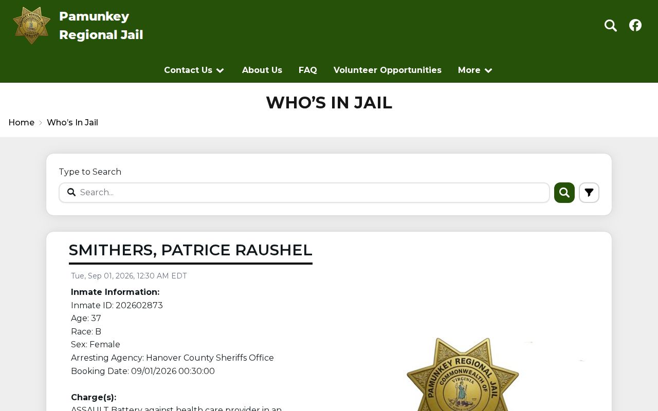 Pamunkey Regional Jail current custody roster for Caroline County booking lookup