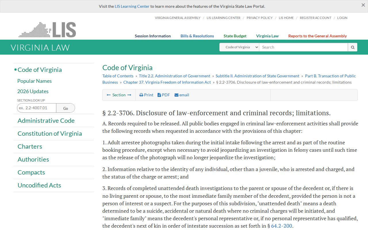 Virginia booking photo public-record statute for Caroline County adult records