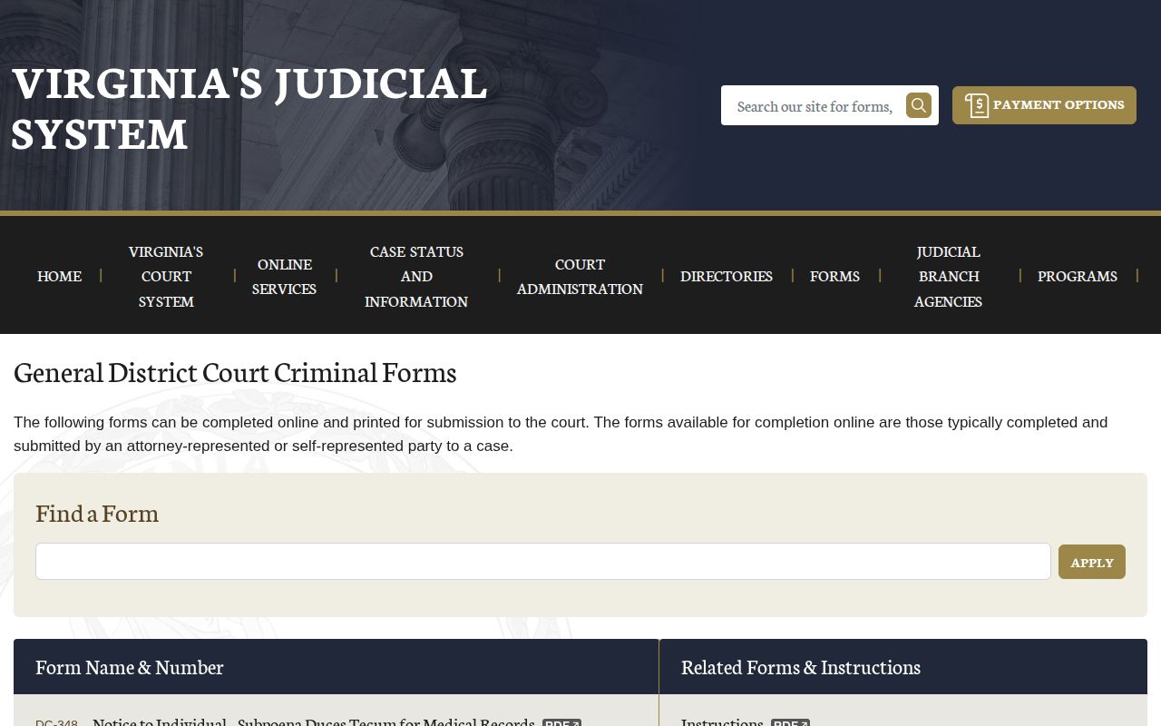 Virginia criminal and expungement forms relevant to Caroline County booking records