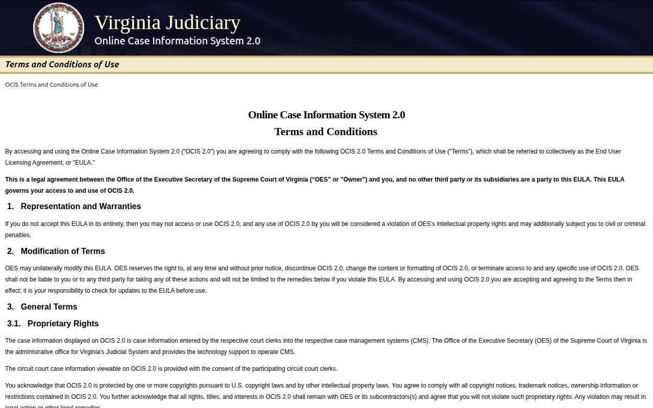 Virginia Online Case Information System for Caroline County booking case disposition