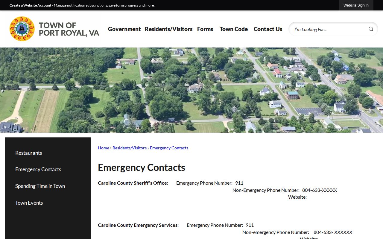 Port Royal arrest-record routing on the official emergency contacts page